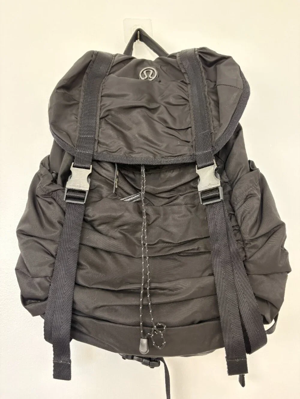 Lululemon Black Nylon Ruched Flap Backpack Multiple Pockets Retro 19